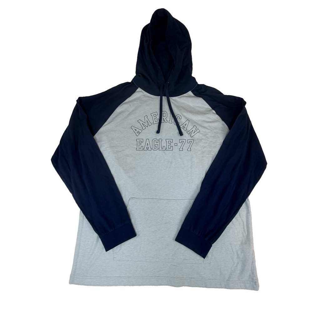 American Eagle 77 AE Long Sleeve Raglan Mens Hoodie Shirt Sz Large L  Gray Navy